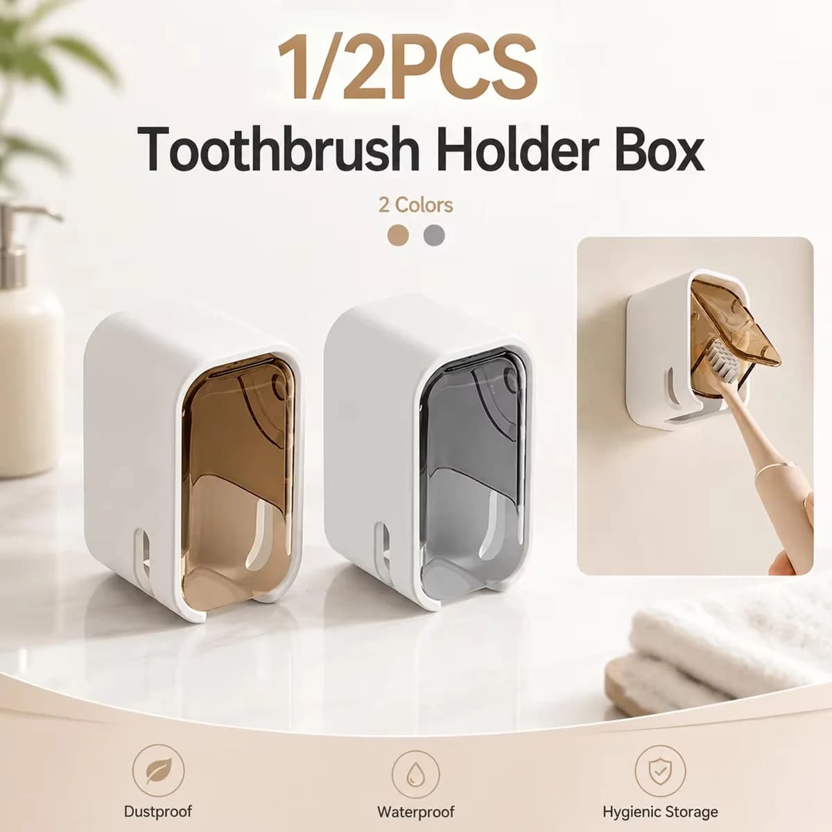 1/2PCS Wall Mounted Toothbrush Holder Box Bathroom Organizer with Flip Cover Dustproof Toothbrush Storage Rack for Home Bathroom