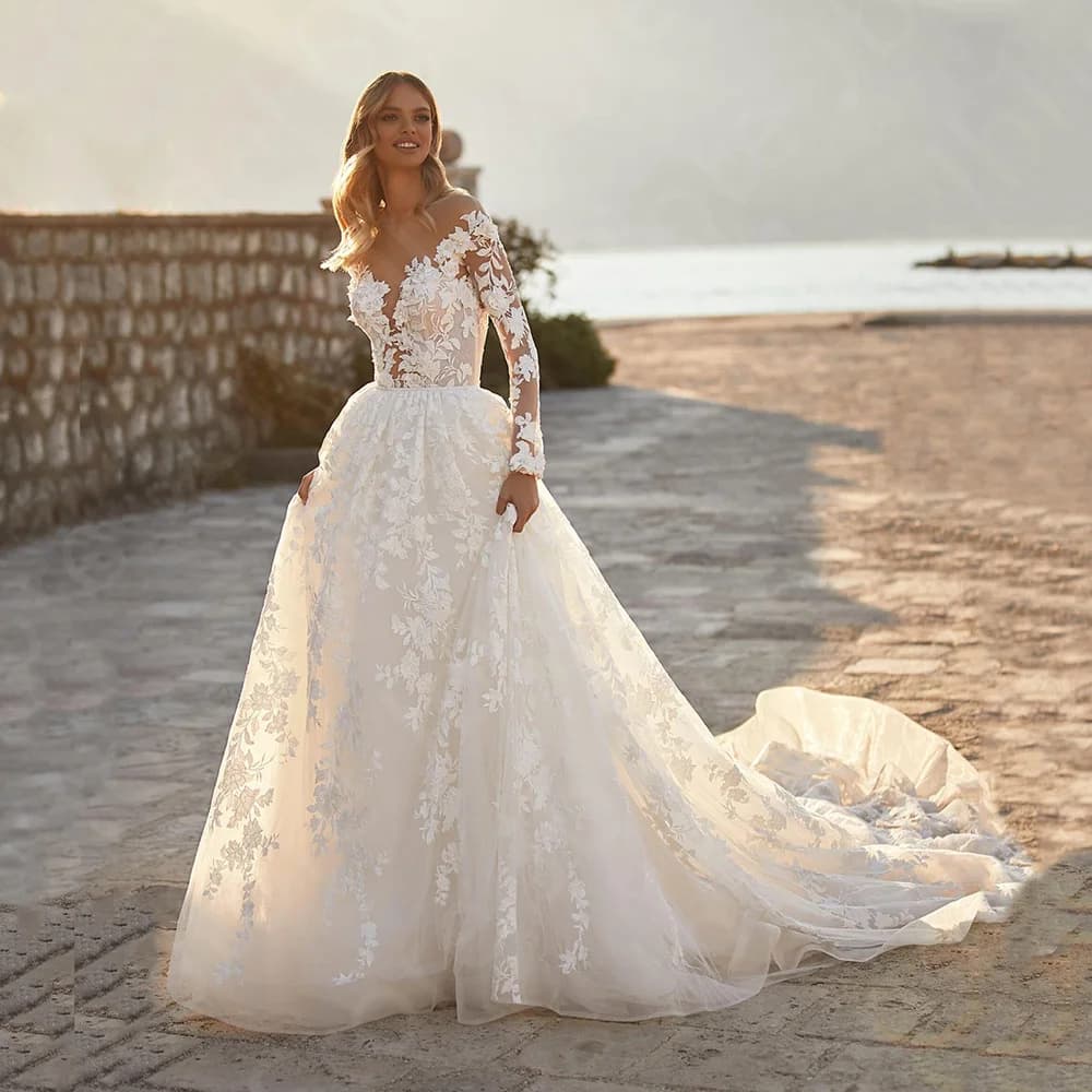 Splendidi abiti da sposa in due pezzi personalizzati Abiti da sposa in pizzo Abito da sposa a maniche lunghe con gonna rimovibile Abito da sposa 2025