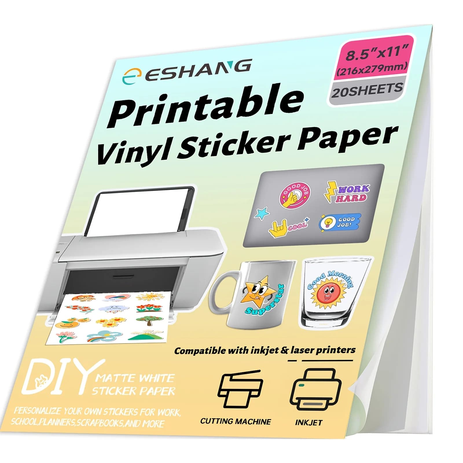 20 Sheets Letter Size Matte White Printable Vinyl Sticker Paper, 8.5" x 11" Compatible with Inkjet Self-Adhesive Waterproof