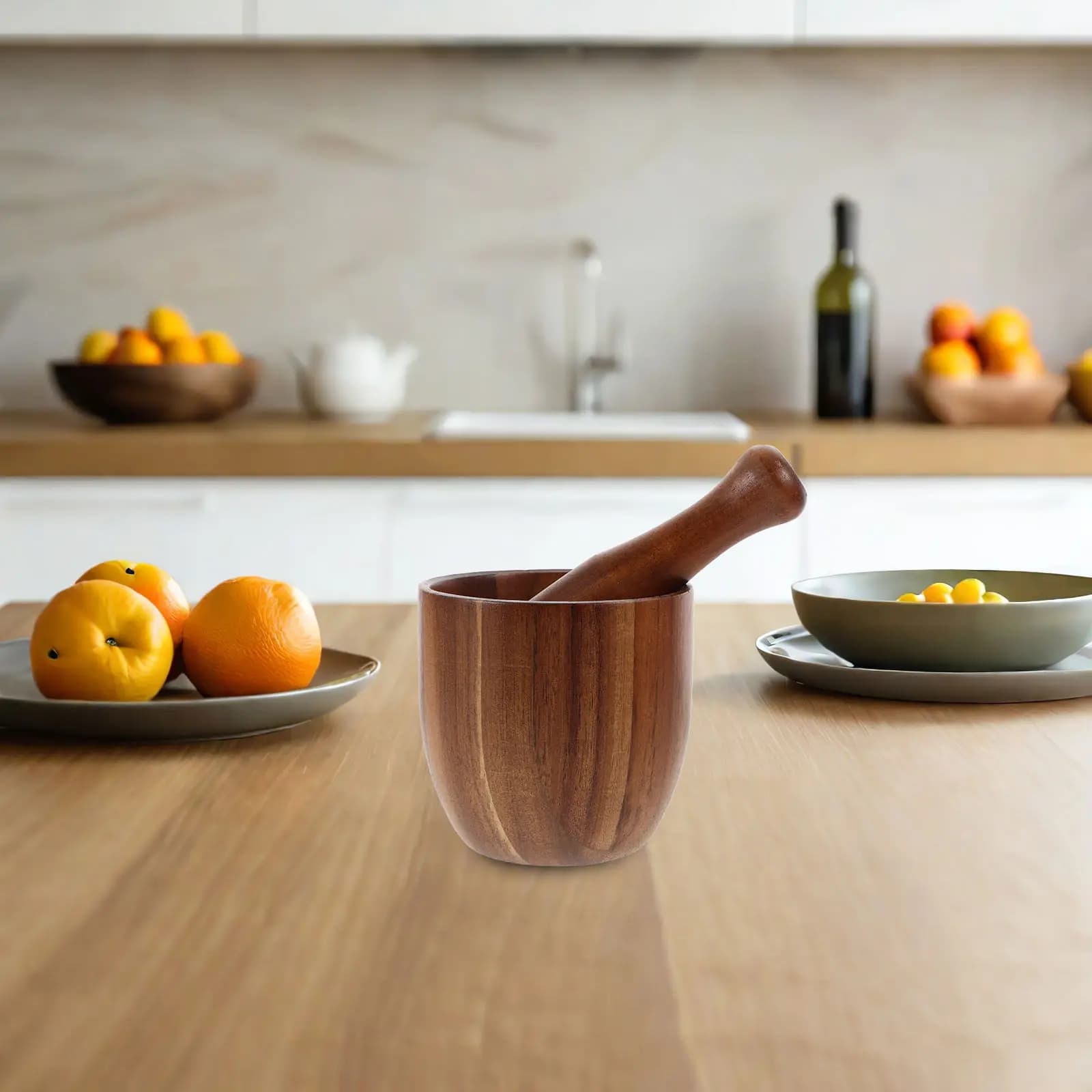 Set di Mortaio e Pestello in Legno di Acacia, Tritatore per Aglio, Strumento Manuale per Macinare Spezie, Utensile Compatto da Cucina per Schiacciare Alimenti