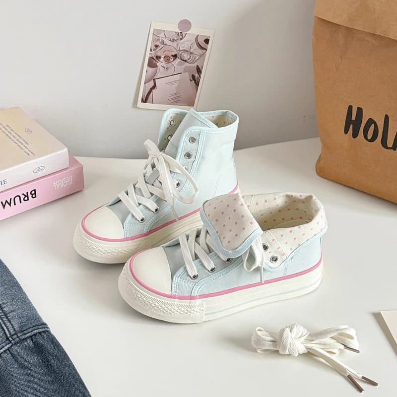 Korean Polka Dot Thick Soled Height Increasing Board Shoes Reversible Mid Cut Casual Canvas Shoes Breathable Walking Shoes New