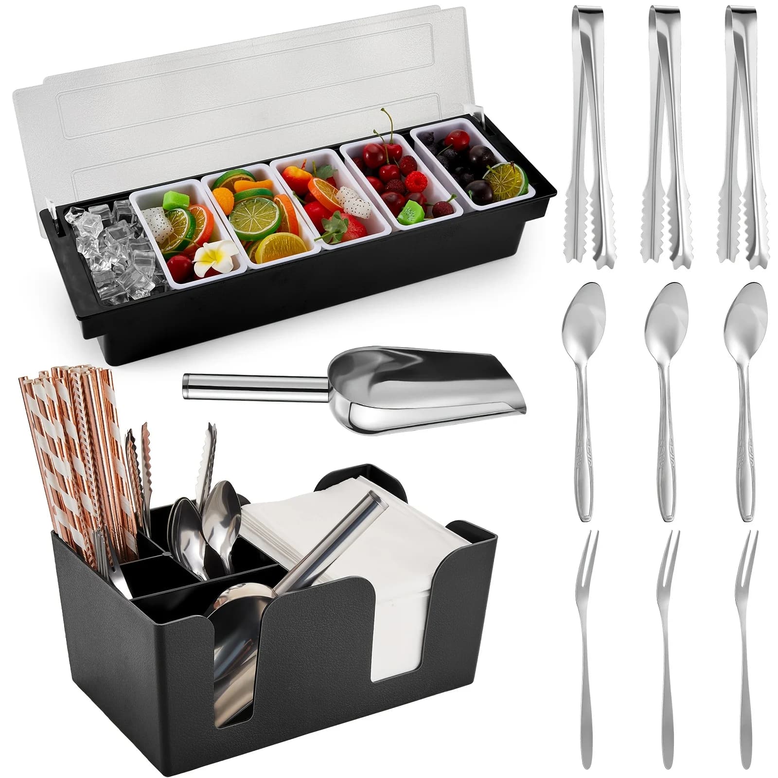 Vassoio per condimenti con coperchio, porta bar, contenitore refrigerato per condimenti con paletta in acciaio inox, 3 mini pinze in metallo, 3 forchette per frutta, 3 cucchiai per alimenti, casa, feste, cucina