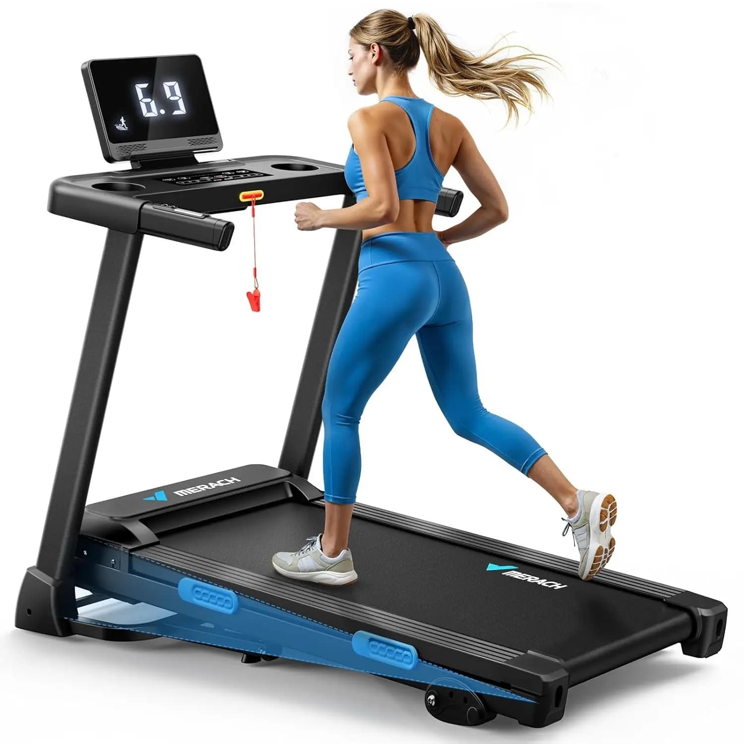 Inclineable treadmill with Inclination 6%-15%, 7-layer tape, 300LBS capacity, Foldable treadmill with handle, Customizable