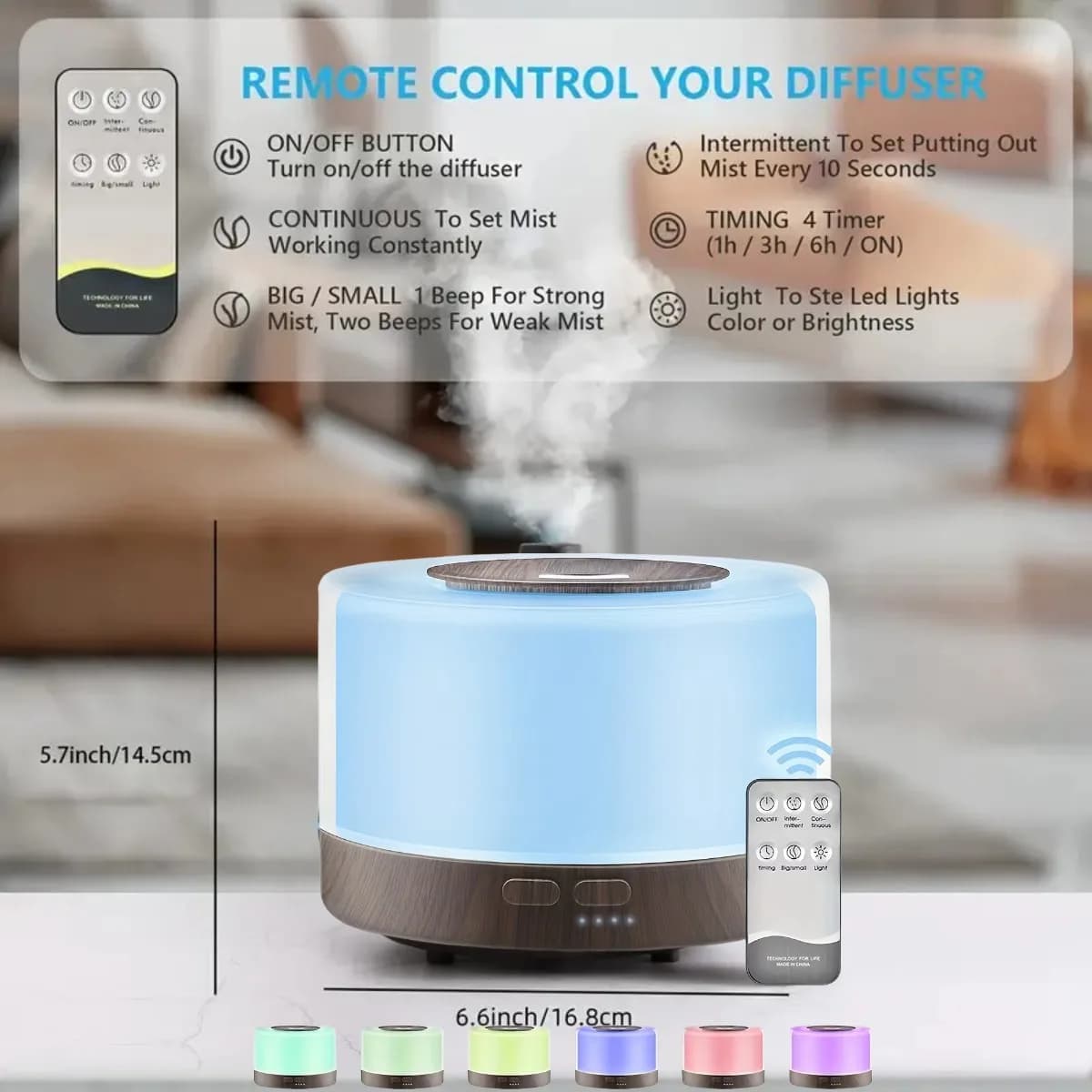 Premium 16.91oz Wood Grain Soundwave technology Essential Oil Diffuser & Humidifier - USB-Powered Aromatherapy Machine with Remo