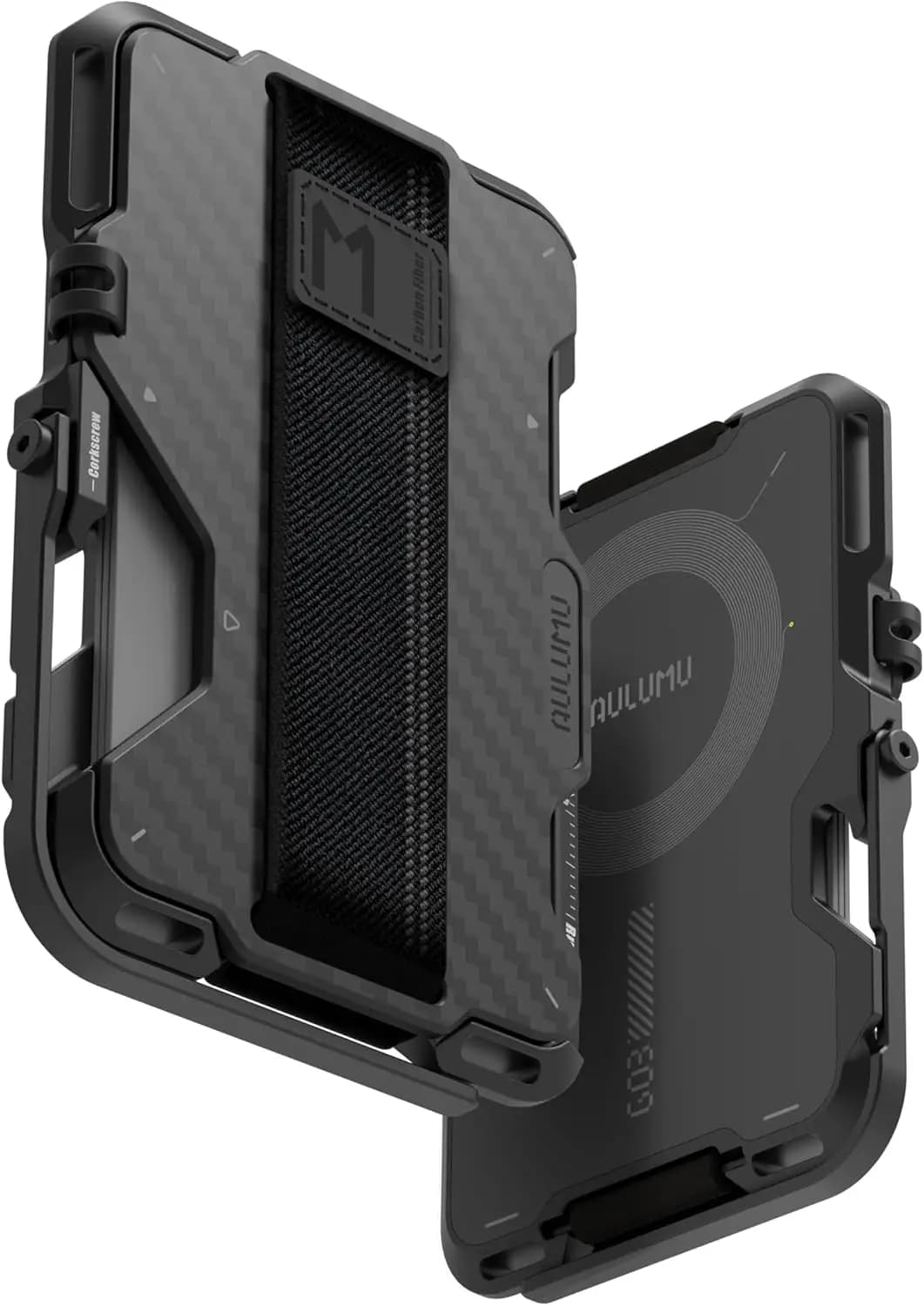Porta carte magnetico a portafoglio in fibra di carbonio con MagSafe, supporto per telefono, impugnatura, apribottiglie e scudo RFID
