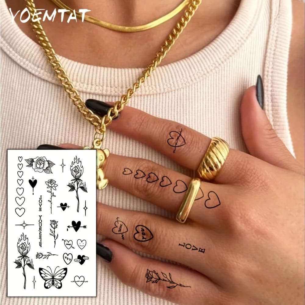1 Foglio di Adesivi per Tatuaggi Temporanei Impermeabili, Design con Rose, Farfalle e Frecce d'Amore, Tatuaggi Finti per Dita, Braccia, Collo e Polso
