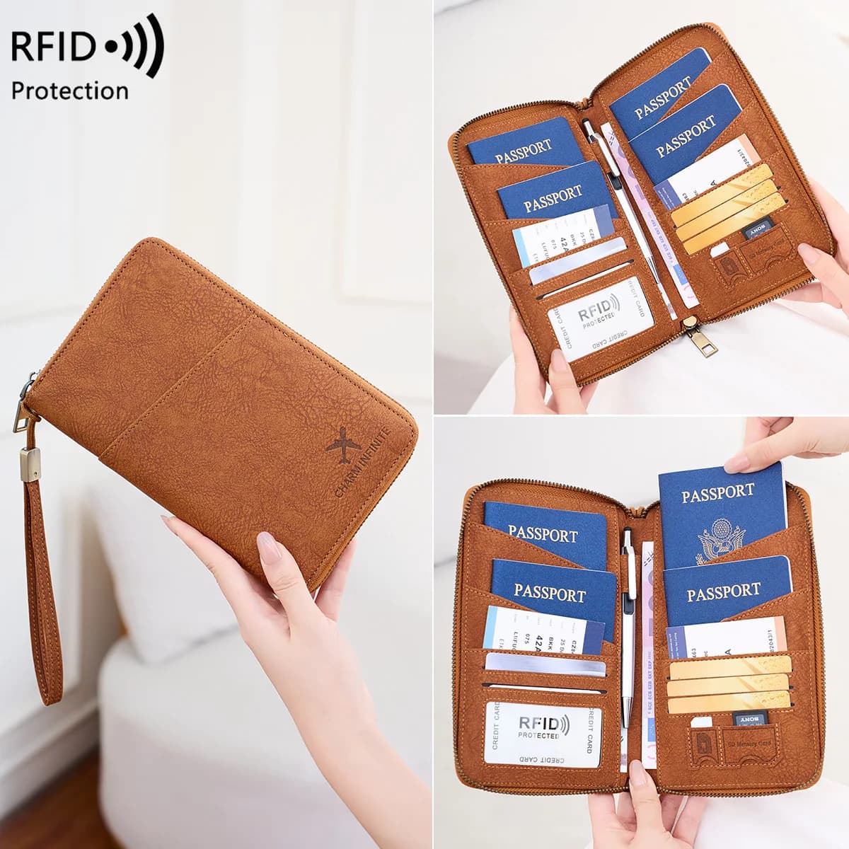 Portadocumenti da Viaggio RFID Anti-Magnetico Lungo con Cerniera in Pelle PU Funzionale
