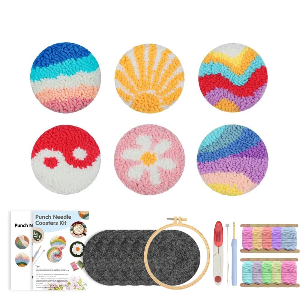RUOPOTY 6pcs Punch Needle Coaster Colorful Waves Punch Needle Living Room Decoration Cross Stitch Kits Landscape Punch Needle