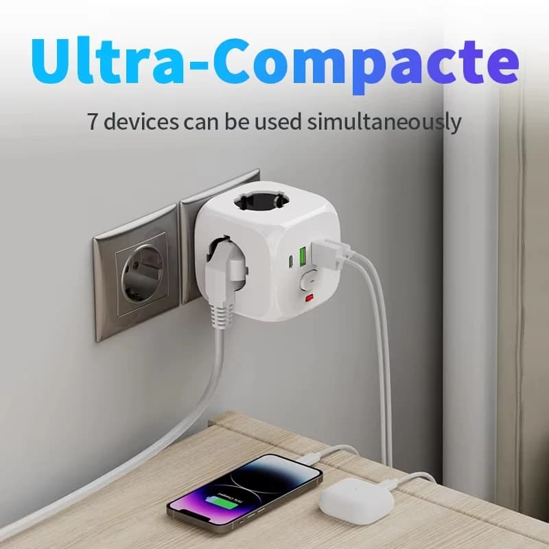 1 7-in-1 EU power strip, power strip surge protector, 1.5m extension cord,3 AC outlets 3 USB 1 Type-C, timed off desktop chargin