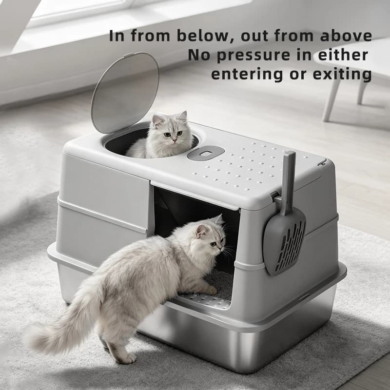 Large Size Upgrade Version Side Door Openable Full Enclosed Stainless Steel Cat Litter Box with Included Scoop