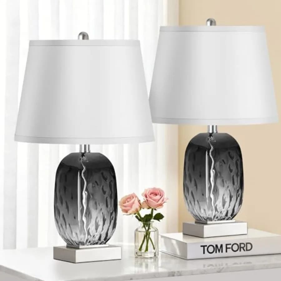 Set di 2 lampade da tavolo con controllo touch, lampada da comodino in vetro grigio costiero con porte USB A+C, lampade da comodino da spiaggia dimmerabili a 3 livelli.