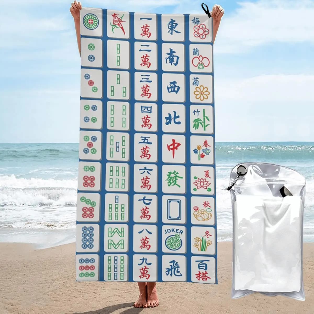 Piastrelle Mahjong su telo mare blu Asciugamani rapidi assorbenti ad asciugatura rapida in morbida microfibra per il nuoto