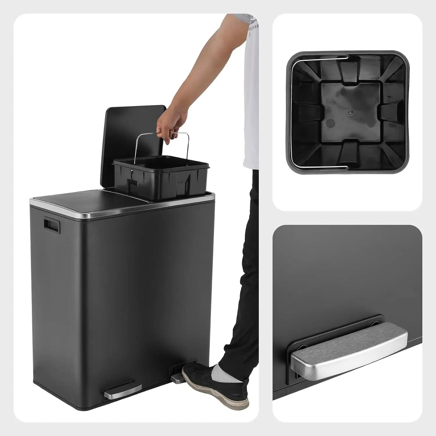Recycling Rubbish Bin,Stainless Steel Kitchen Bin,Trash Garbage Can,Pedal Waste bin,60 L-2 x 30 Litres,with Soft Close Lid,Black