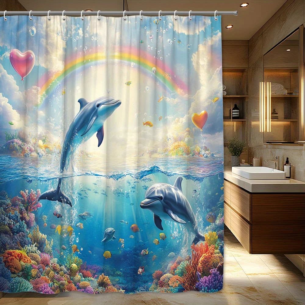 Tenda da doccia con delfini subacquei vivaci da 1 pezzo con design arcobaleno, barriera corallina e pesci - Palloncini a cuore, bolle, cielo brillante