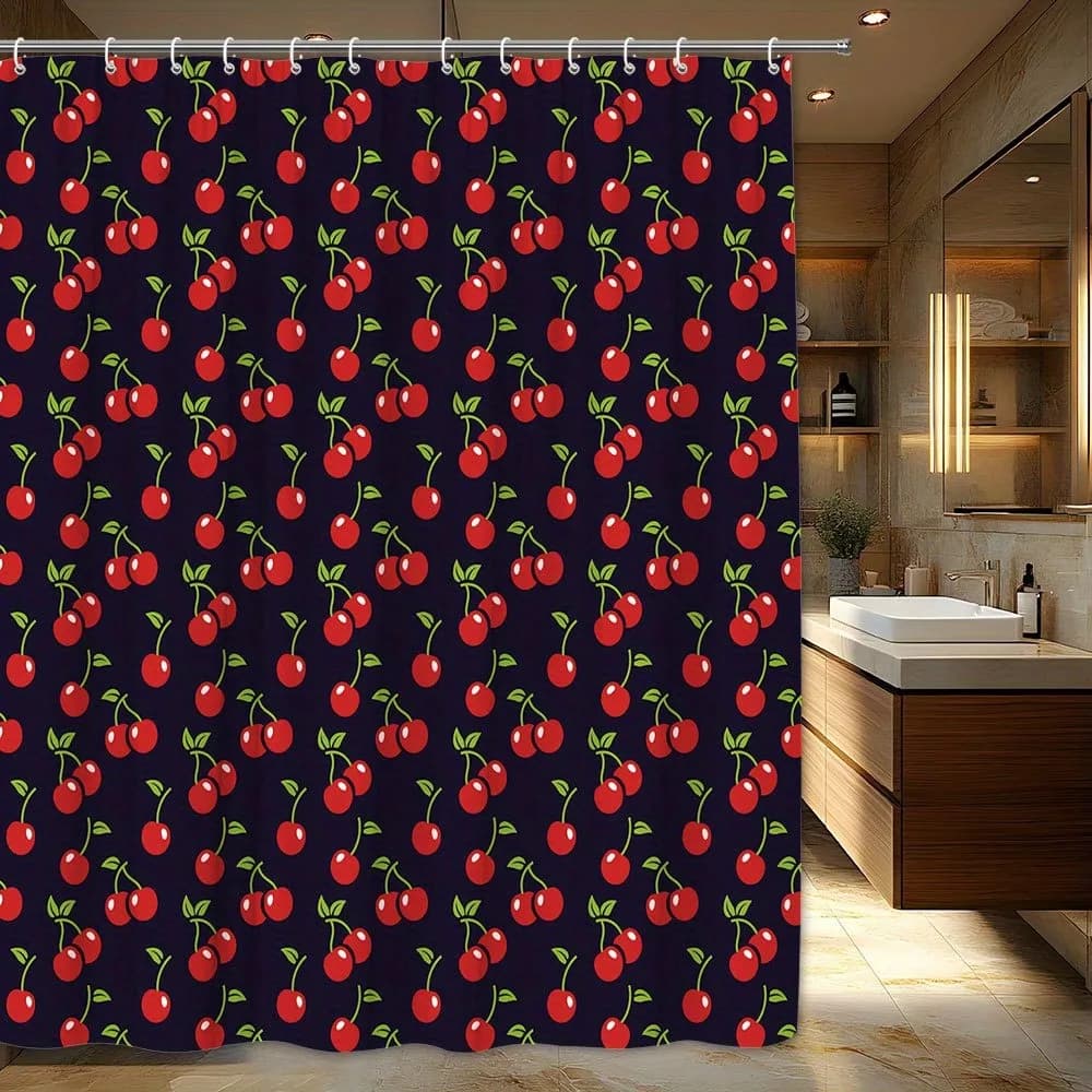 Ciliegie rosse con foglie verdi Tenda da doccia lavabile resistente allo sporco Soffione doccia Tenda da bagno in poliestere impermeabile
