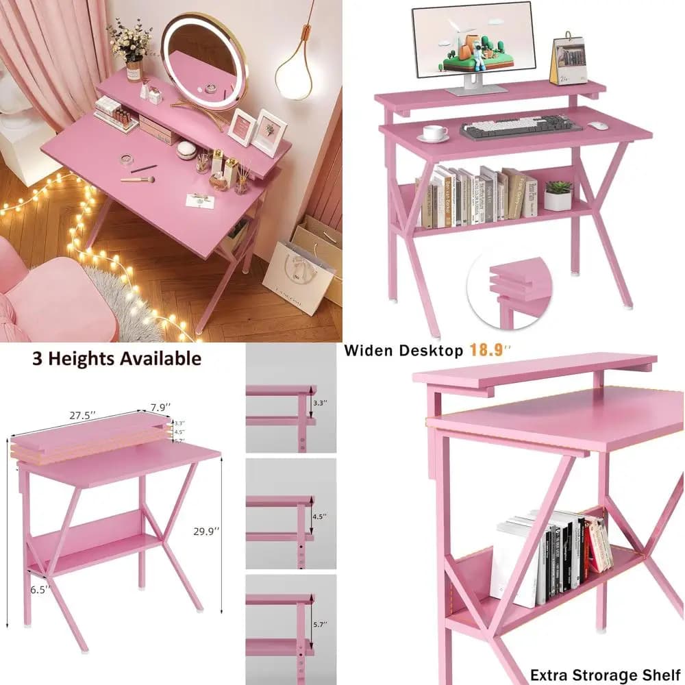 Work Desk Compact Pink from 27,5 Inches with Adjustable Monitor Support and Storage Space for Home Office and Bedroom