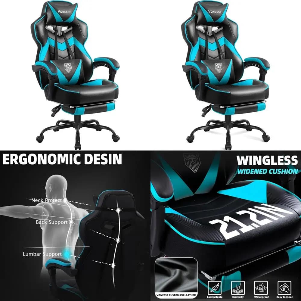 Sedia da Gaming Ergonomica con Schienale Alto, Poggiapiedi, Massaggio e Supporto Lombare per Adulti - Ciano/Nero