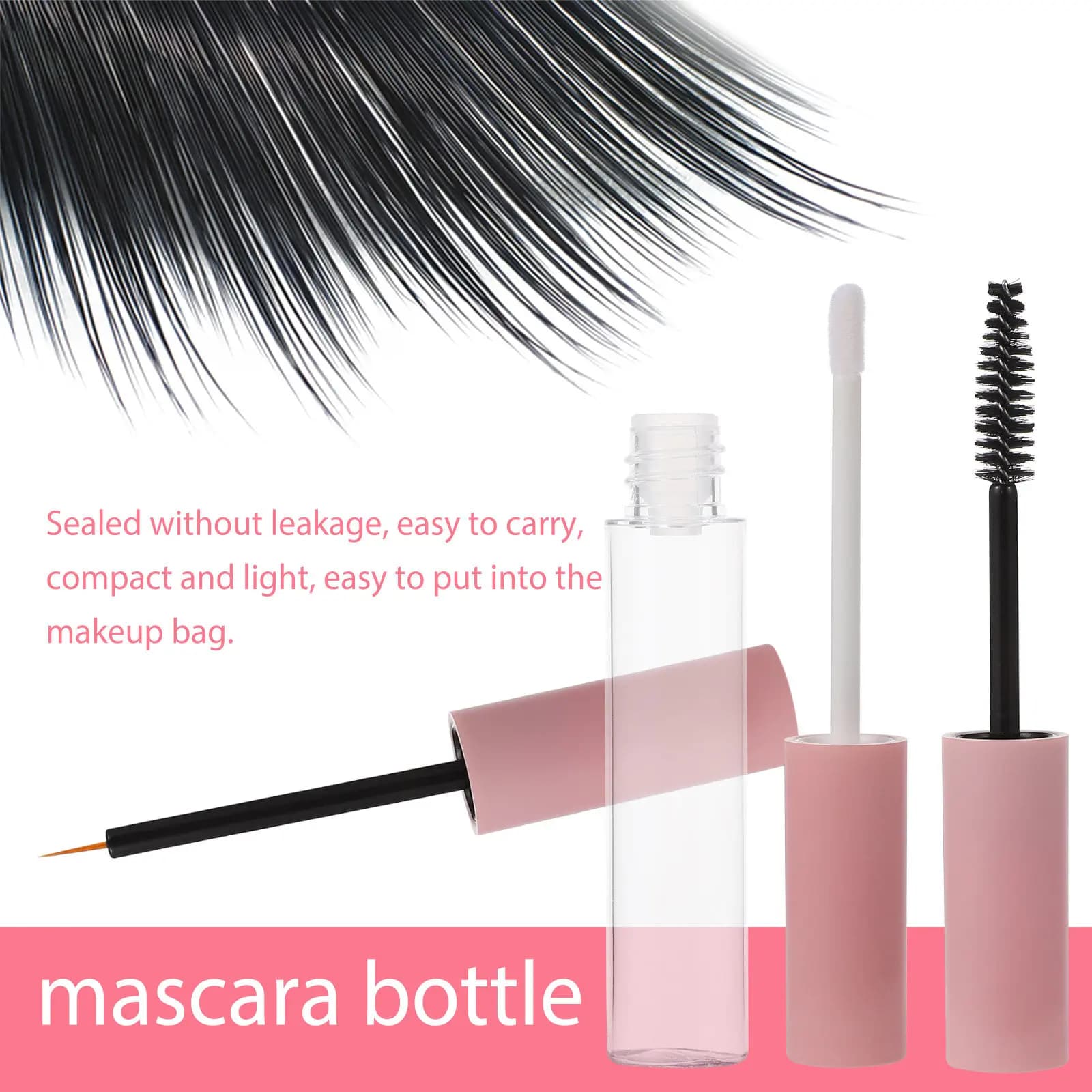 6 empty containers for mascara, lip gloss bottles, eyeliner tubes, makeup tools, ideal for travel, leak proof