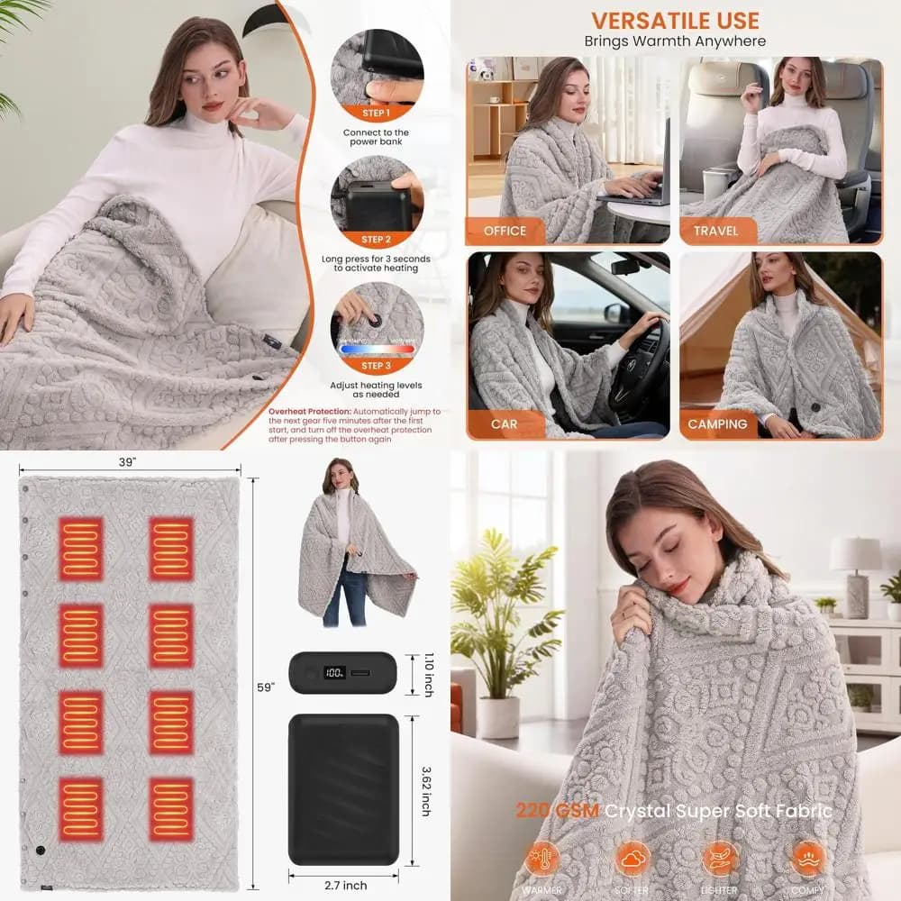 Coperta riscaldata in pelliccia sintetica con Power Bank, 3 impostazioni di calore, senza fili, lavabile in lavatrice, 59x35,5 grigio-verde