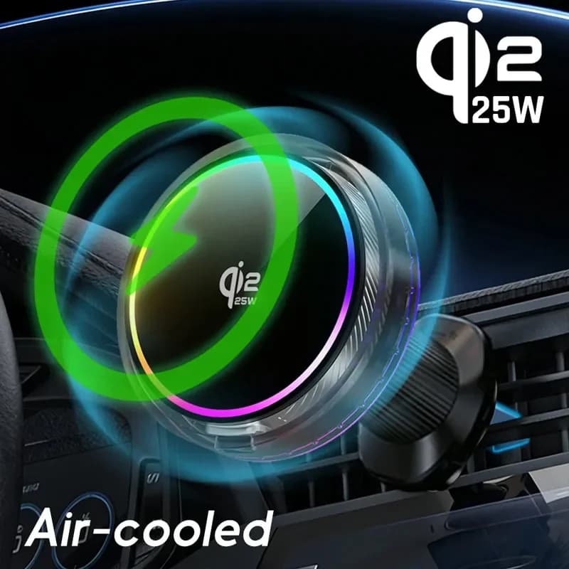 Caricatore Wireless Magnetico da Auto 25W con Raffreddamento ad Aria e Luce RGB, Supporto Telefono per iPhone Magsafe 17 16 15 14 13 12, Stazione di Ricarica Rapida