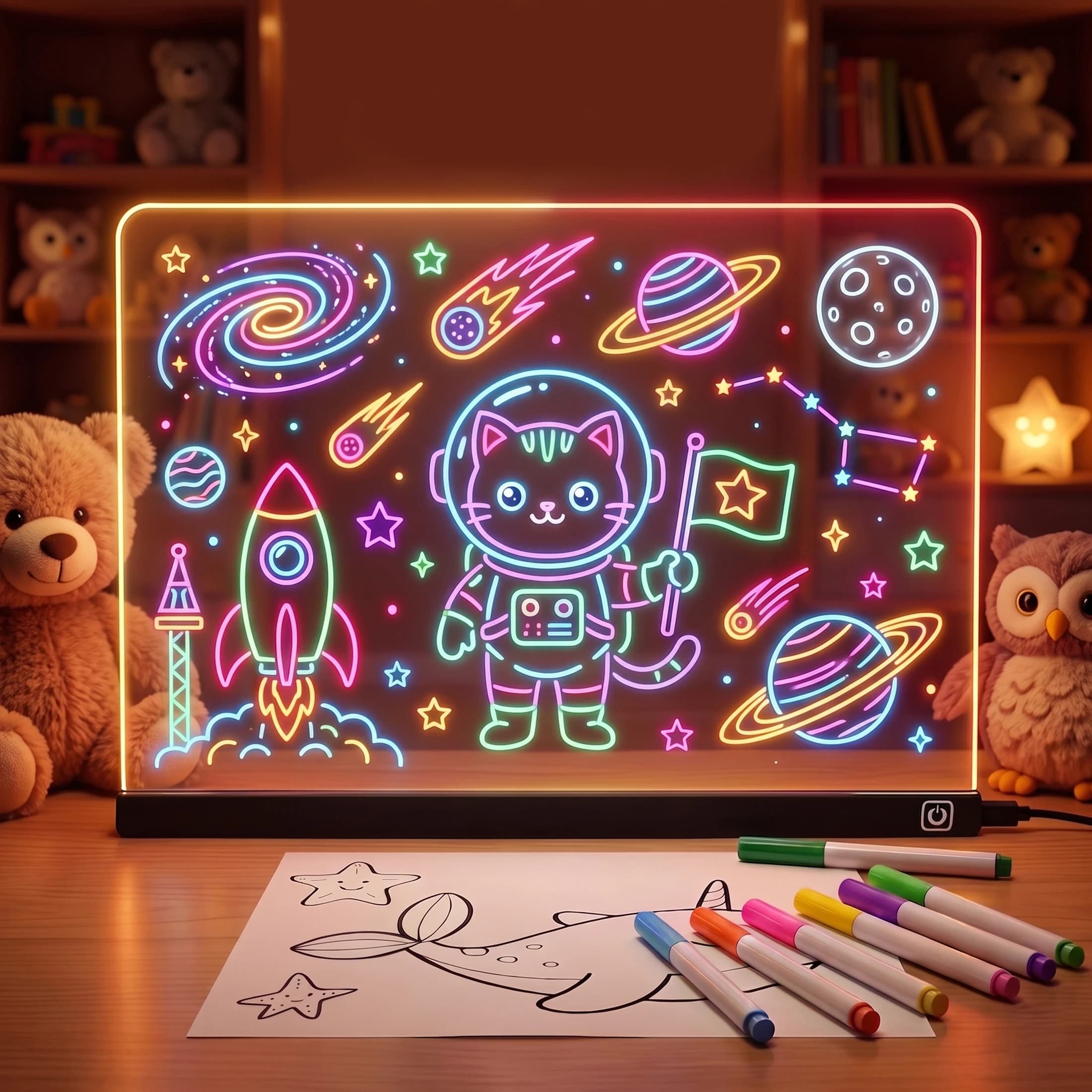 LED Note Board with Colors, 11.8"X9.4" Led Drawing Board Acrylic Dry Erase Board with Light 7 Colors Message Writing Board Night