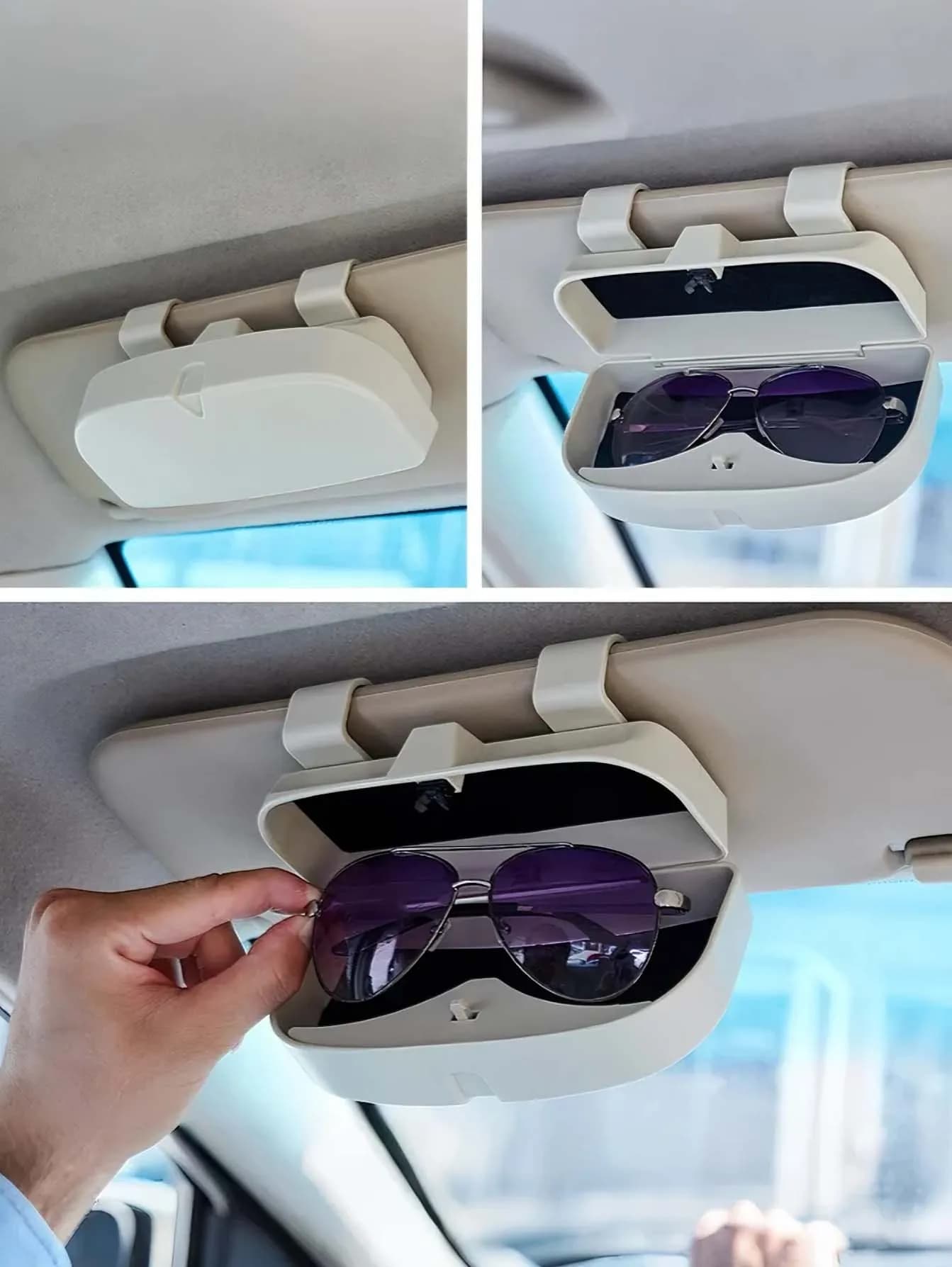 1 porta occhiali universale per visiera parasole per auto, una durevole custodia per occhiali in resina ABS e un accessorio interno multifunzionale per auto