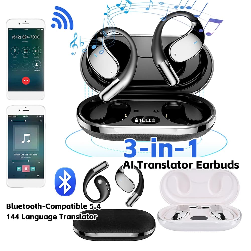 Auxiliary Translators AI 3-in-1, 144 Languages, Noise Cancellation, Wireless BT Headphones for Travel, Business and Learning