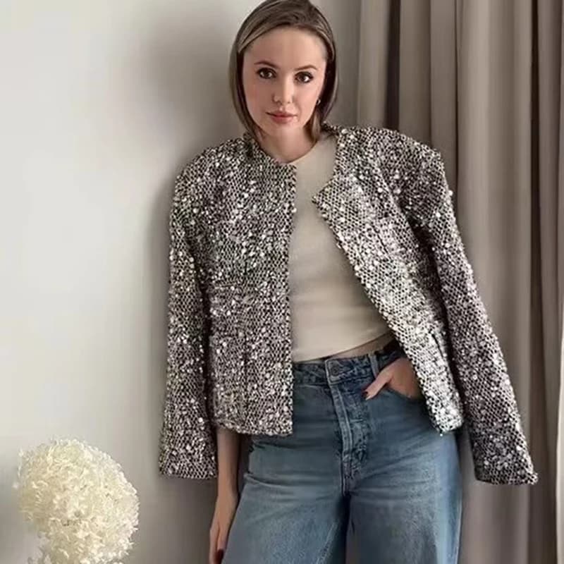 Fashion Silver Sequin O Neck Jacket Women Button Long Sleeve Pockets Cardigan Elegant Coat Autumn Casual Loose Blazer Outwear