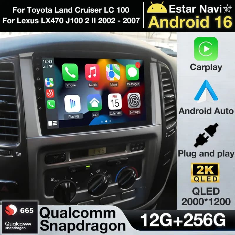 Wireless CarPlay Android 16 Per Toyota Land Cruiser LC 100 Per Lexus LX470 J100 2 II 2002 - 2007 Lettore multimediale GPS Navi wifi