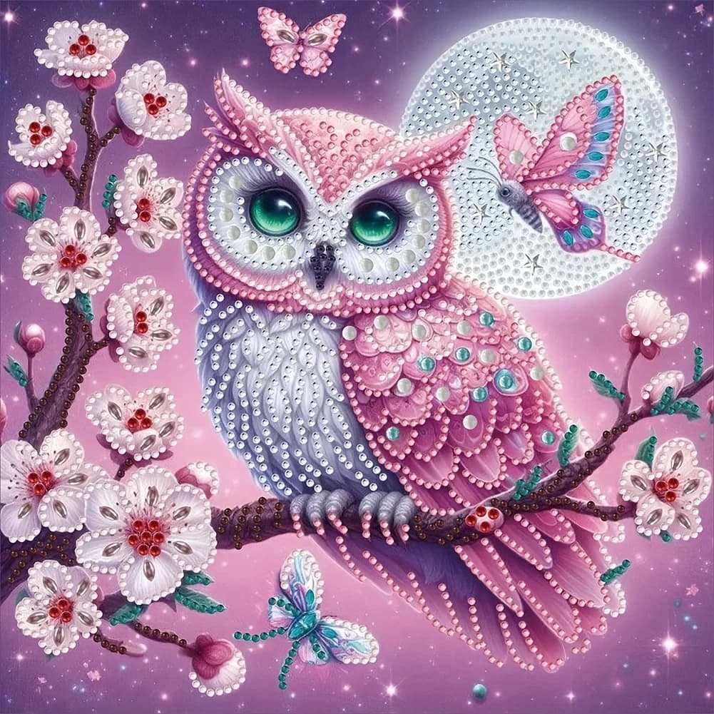 Pink Rhinestone Owl On Plum Blossom Branch Colorful Butterfly Star Moon Purple Sky Full Drill Diamond Painting