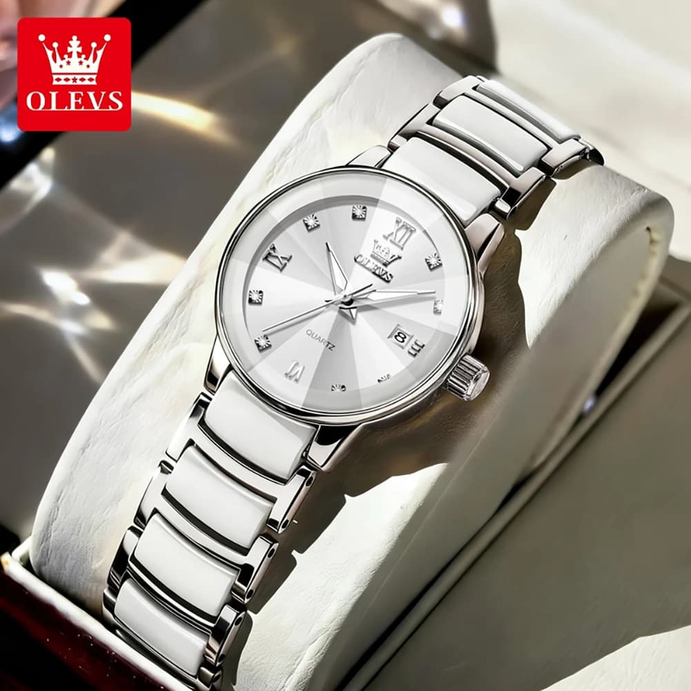 Orologio da donna originale al quarzo di marca OLEVS, in ceramica, oro rosa, acciaio inossidabile, con data, impermeabile, luminoso, alla moda.