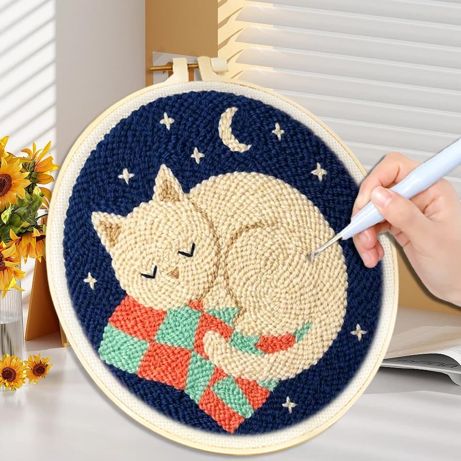 Cute Cat Punch Needle Kit Easy Art Hoop Embroidery Punch Needle Starter Set for Beginners DIY Crafts Handicrafts Festival Gift