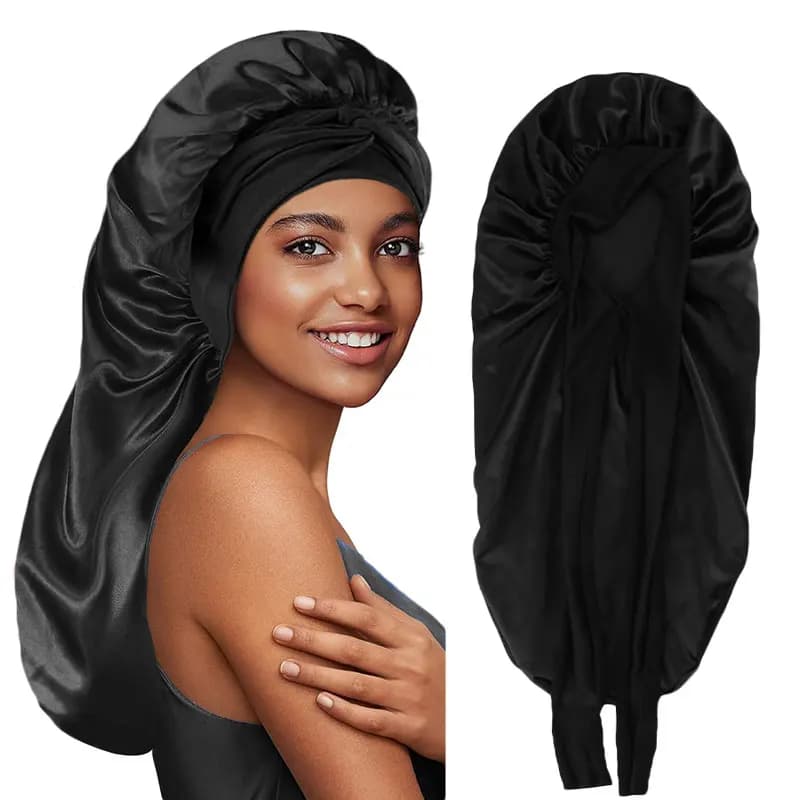 Cofano a treccia con fiocco in tinta unita Cofani classici lunghi in raso Berretto da notte morbido per dormire Cofani per capelli traspiranti per le donne Uso quotidiano