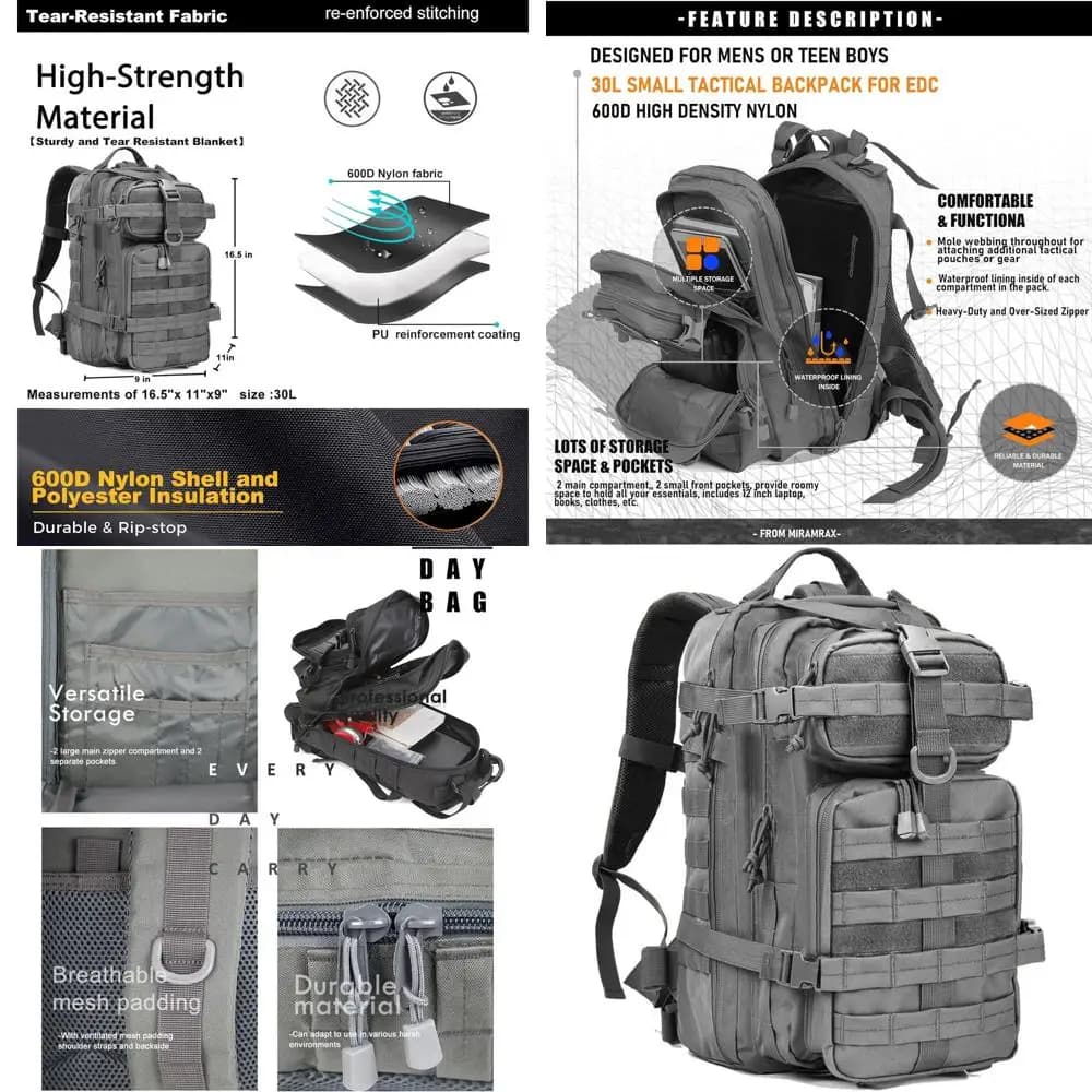 Zaino Tattico Militare da 30L per Uomo - Daypack MOLLE Grigio, Ideale per Escursionismo, Campeggio e Attrezzatura di Sopravvivenza
