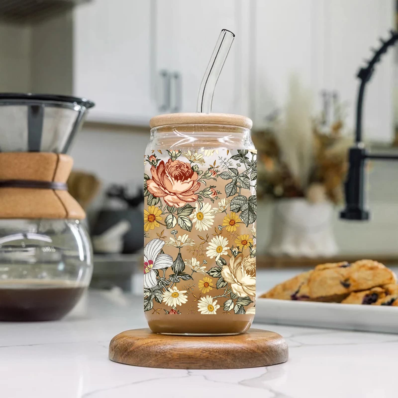 1pc Retro Flowers Pattern Coffee Can Glass 3d Printed 16oz Soda Can con coperchio e bicchiere di paglia Iced Coffee Cup Mug Beer Glass Can