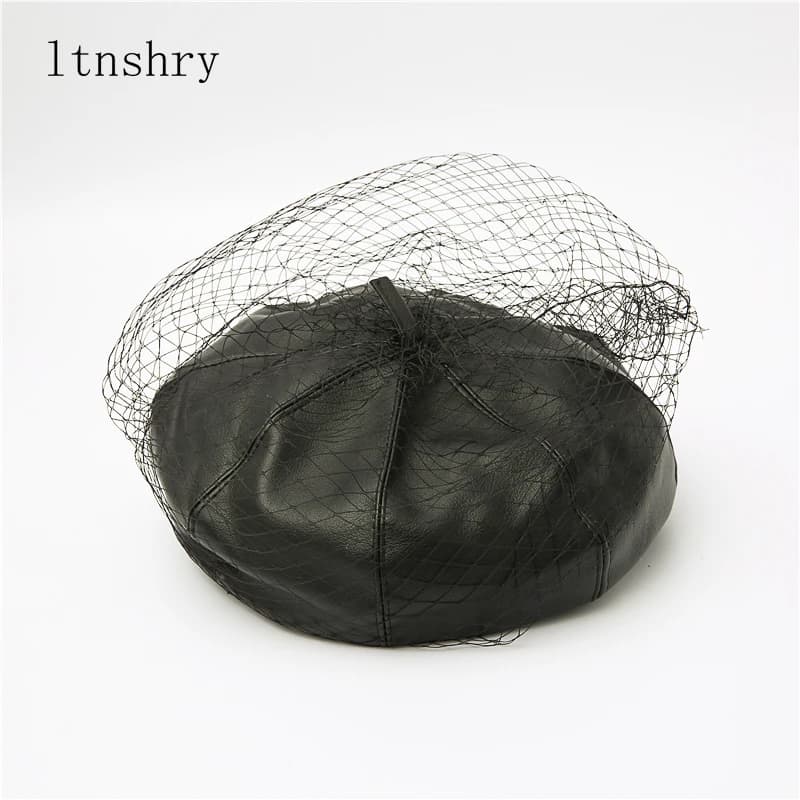 New Spring Summer Black Hat Chic Leather French Beret With Veil Mesh Show Double Layer Women Beret Beanies Cap