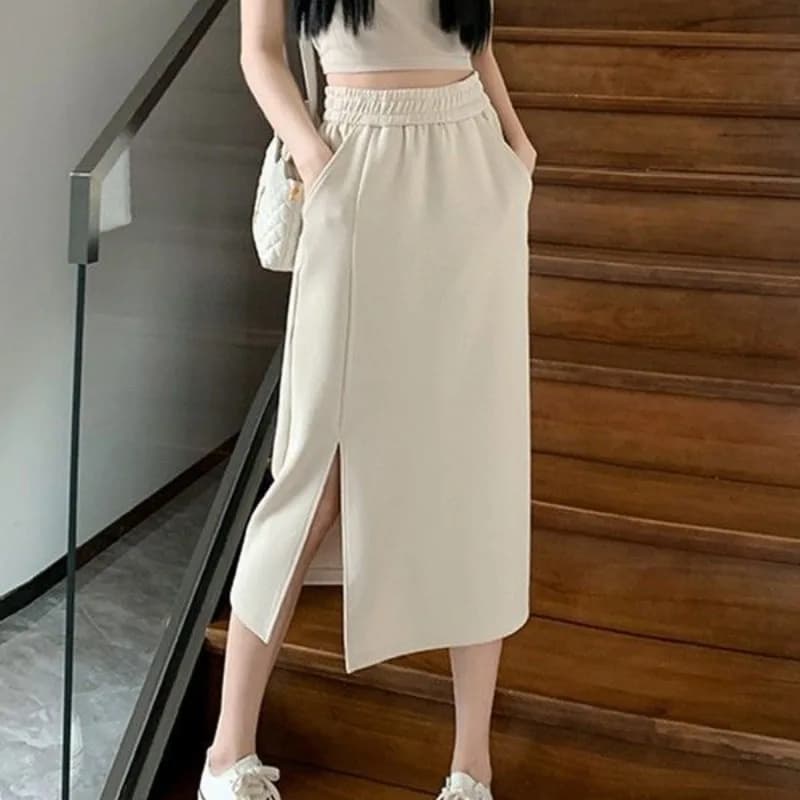 Spring Summer Clothing Women Elastic High Waist Solid Color Vacation Elegant Straight Short Knee Style Preppy Vintage skirts
