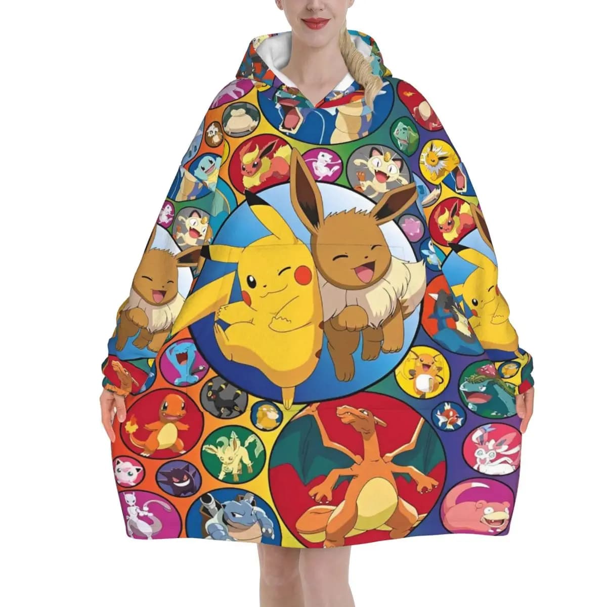 Pokemoned Pikachus Coperta oversize con cappuccio Felpa lunga in pile con cappuccio Coperta indossabile con tasca grande per donna uomo