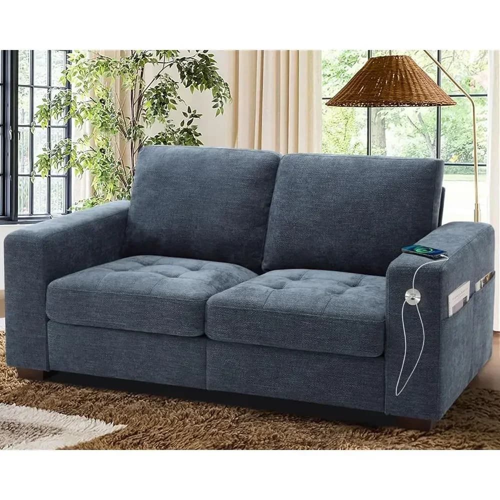 Chic Chenille Loveseat Sofa Set, Compact Sofa, 3-Seat Couch, USB Ports, Removable Cover, Solid Wood, Easy Assembly, 70 Blue