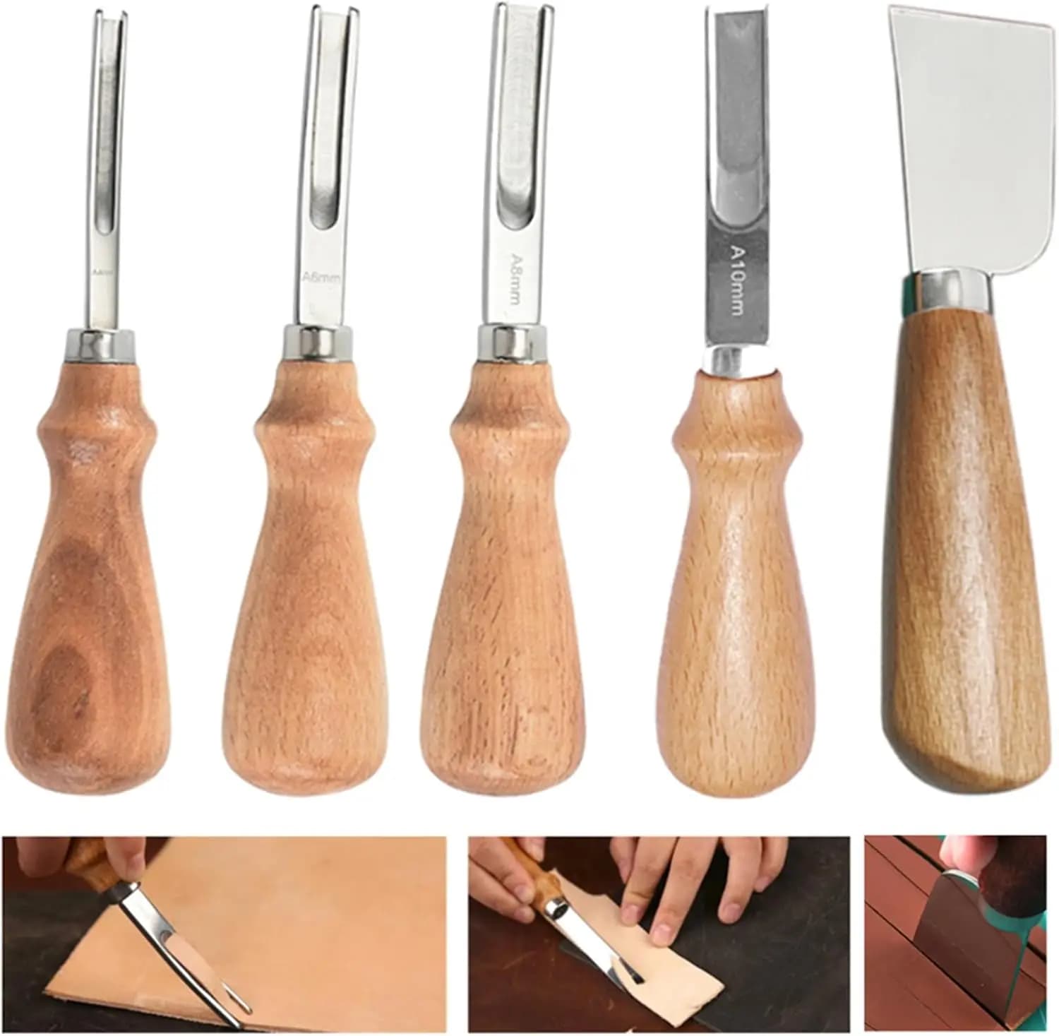 Set di 5 Utensili per Bordatura in Pelle con Manico in Legno, Include 4 Misure (4mm-10mm) per Lavorazione del Cuoio Fai-da-Te