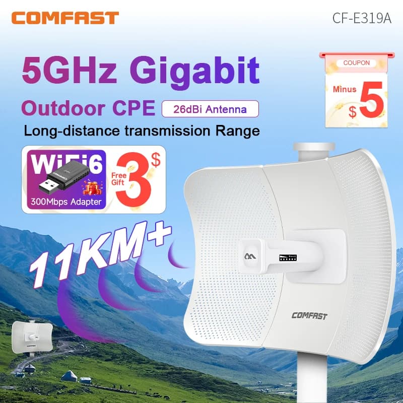Punto di accesso esterno COMFAST 900Mbps CPE a lungo raggio 5GHz Ponte wireless Trasmissione 23dBi Ripetitore AP da 11-25 km Estensore di segnale