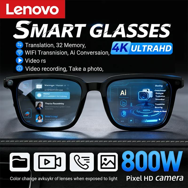 Occhiali Smart AI Lenovo 2026 Nuovi con Fotocamera da 800W, Registrazione Foto e Video, Chiamate Vocali, Traduzione, Impermeabili, Bluetooth, per Moto