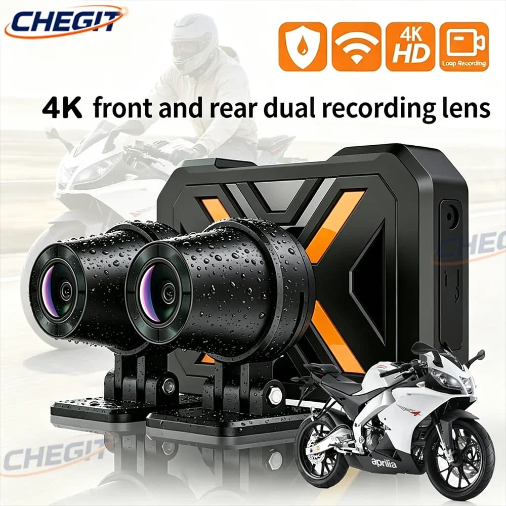 Videocamera per Moto Full HD 1080P, Doppia Telecamera Anteriore e Posteriore, Impermeabile IP67, WiFi, Stabilizzazione, Registratore Video per Guida All'aperto