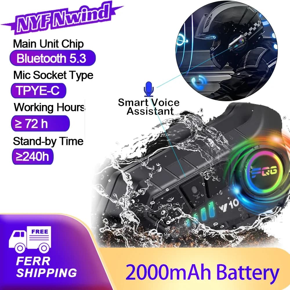 Motorcycle Helmet Bluetooth Headset Bluetooth5.3 Waterproof 2000mAh 72H Working Time Smart Voice Assistant Hands-Free Call Music