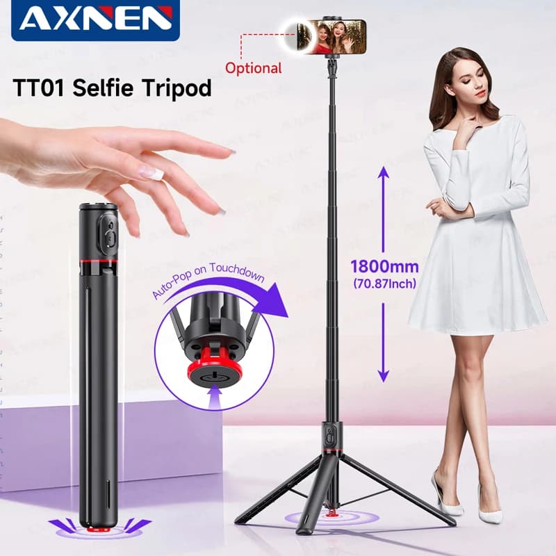 1800mm TT01 Treppiede Auto Pop Open Stand Bounce Selfie Stick Supporto per telefono con telecomando magnetico per riprese video Vlog