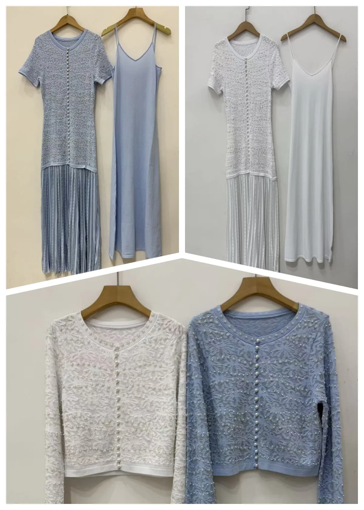 Set da donna con lavorazione a maglia traforata blu/bianco, girocollo, manica corta, elegante e slim fit + cardigan monopetto a maniche lunghe