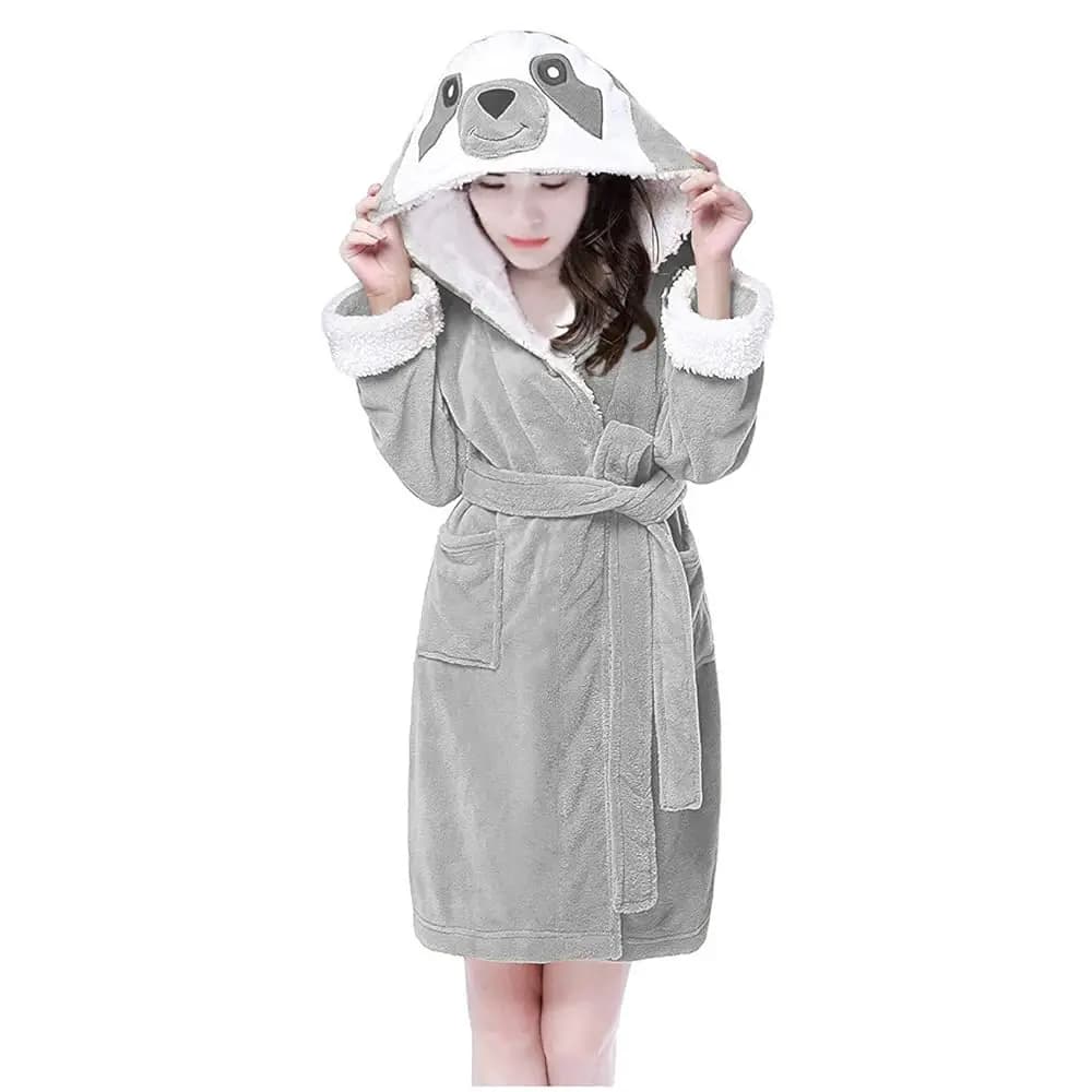 Accappatoio da donna per adulti con disegno di animali, grigio, taglie XS-XL, lunghezza al ginocchio