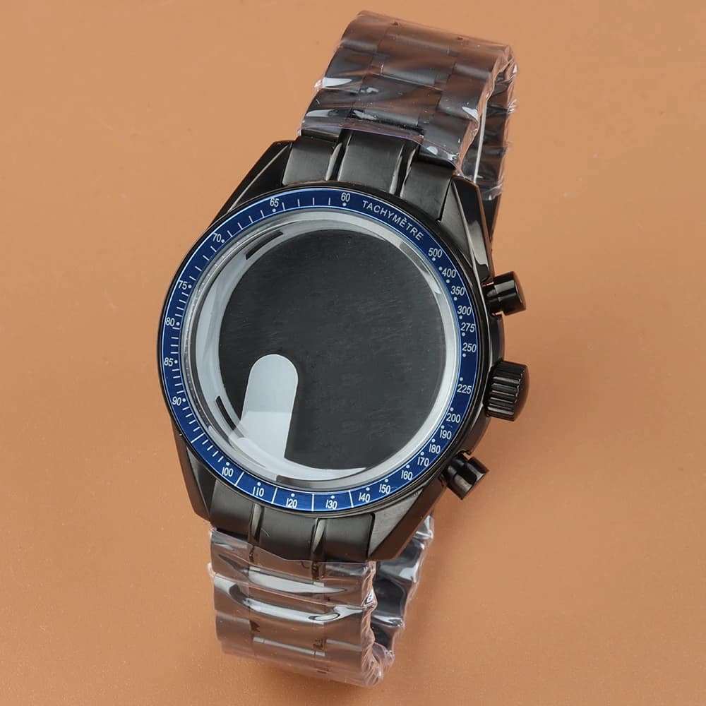 VK63 Chronograph Case with 20 mm Stainless Steel Bracelet, 40 mm VK63 Case for Quartz Movement VK63 VK64, 32.5 mm Black Dial, VK63 Case