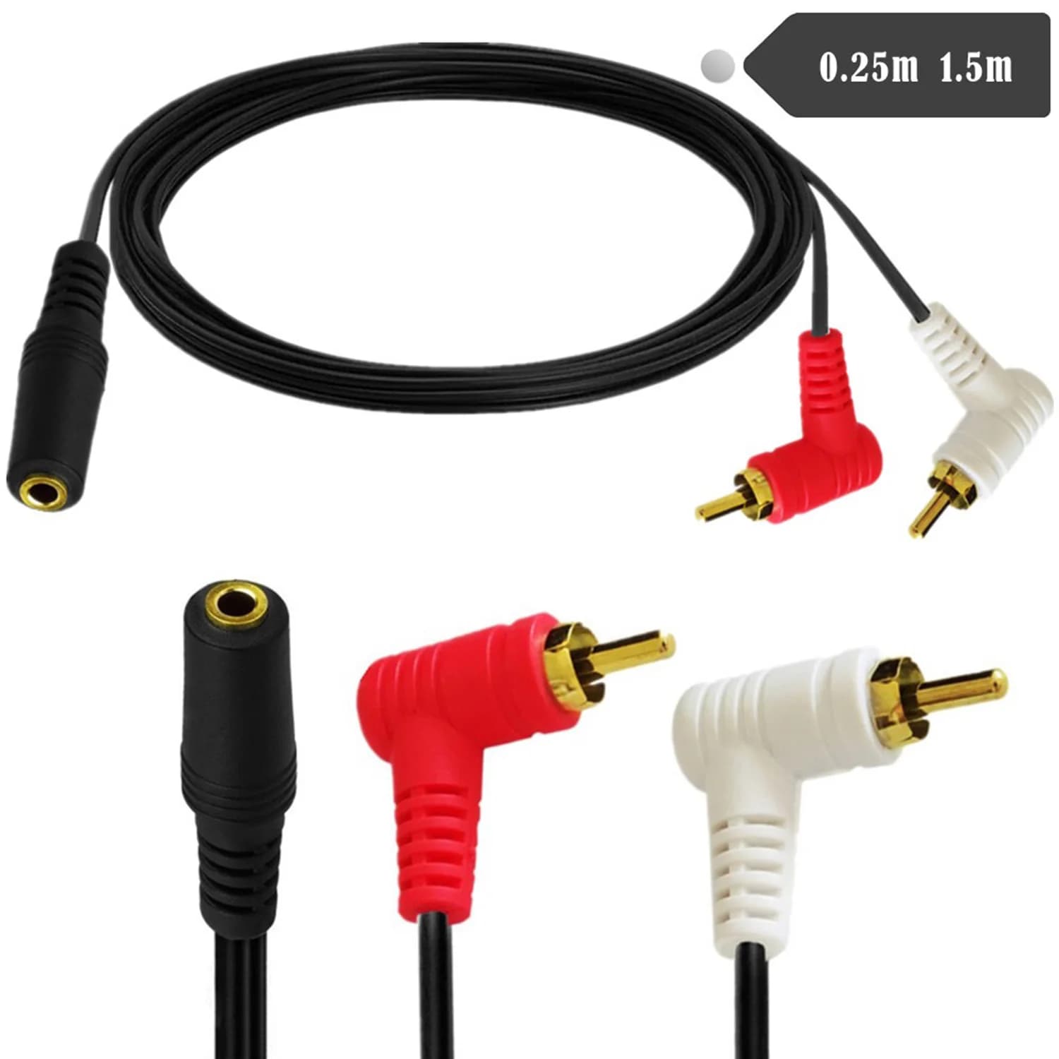 Cavo audio Y adattatore stereo da 3,5 mm 1/8 "mini femmina a 2 doppi maschi RCA ad angolo retto da 90 gradi per TV, smartphone, tablet, altoparlanti