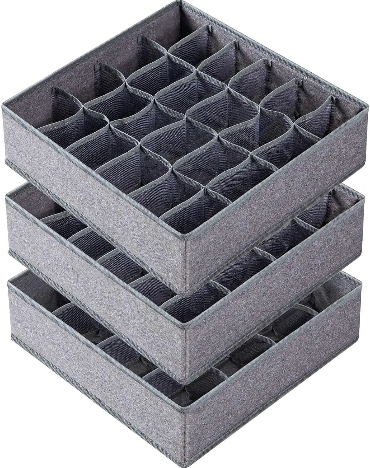 3 Pack Sock Underwear Drawer Organizer Dividers, 64 Cell Fabric Foldable Dresser Organizer for Closet Organizers and Storage Box